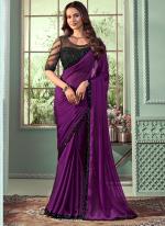 Georgette Violet Party Wear Embroidery Work Saree